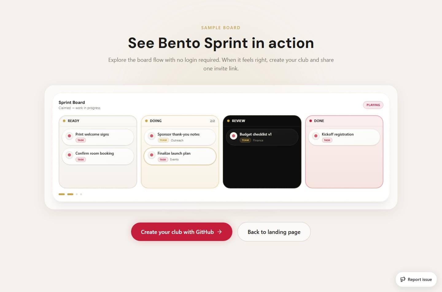 The Bento Sprint Kanban board